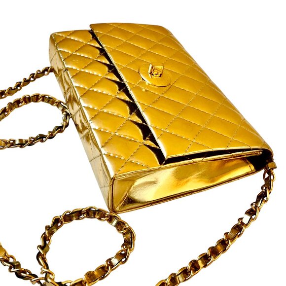 Vintage Gold Faux Patent Leather Crossbody Handbag Padded Flap Turn Lock - Picture 4 of 10